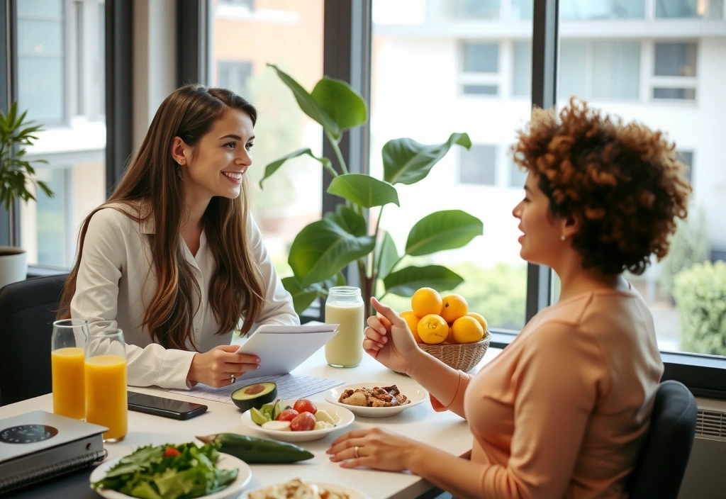 Dietista sonriendo y explicando nutrición a un cliente