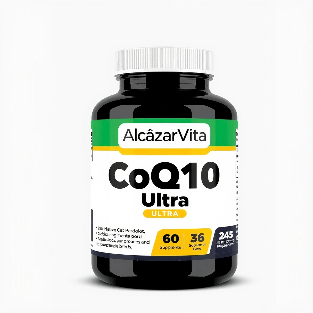 Bote de suplemento Alcazarvitacz CoQ10 Ultra con un diseño moderno y etiqueta clara.