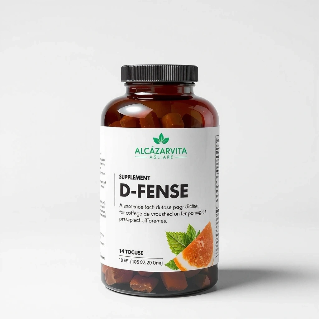 Bote de suplemento Alcazarvitacz D-Fense con un diseño moderno y etiqueta clara.