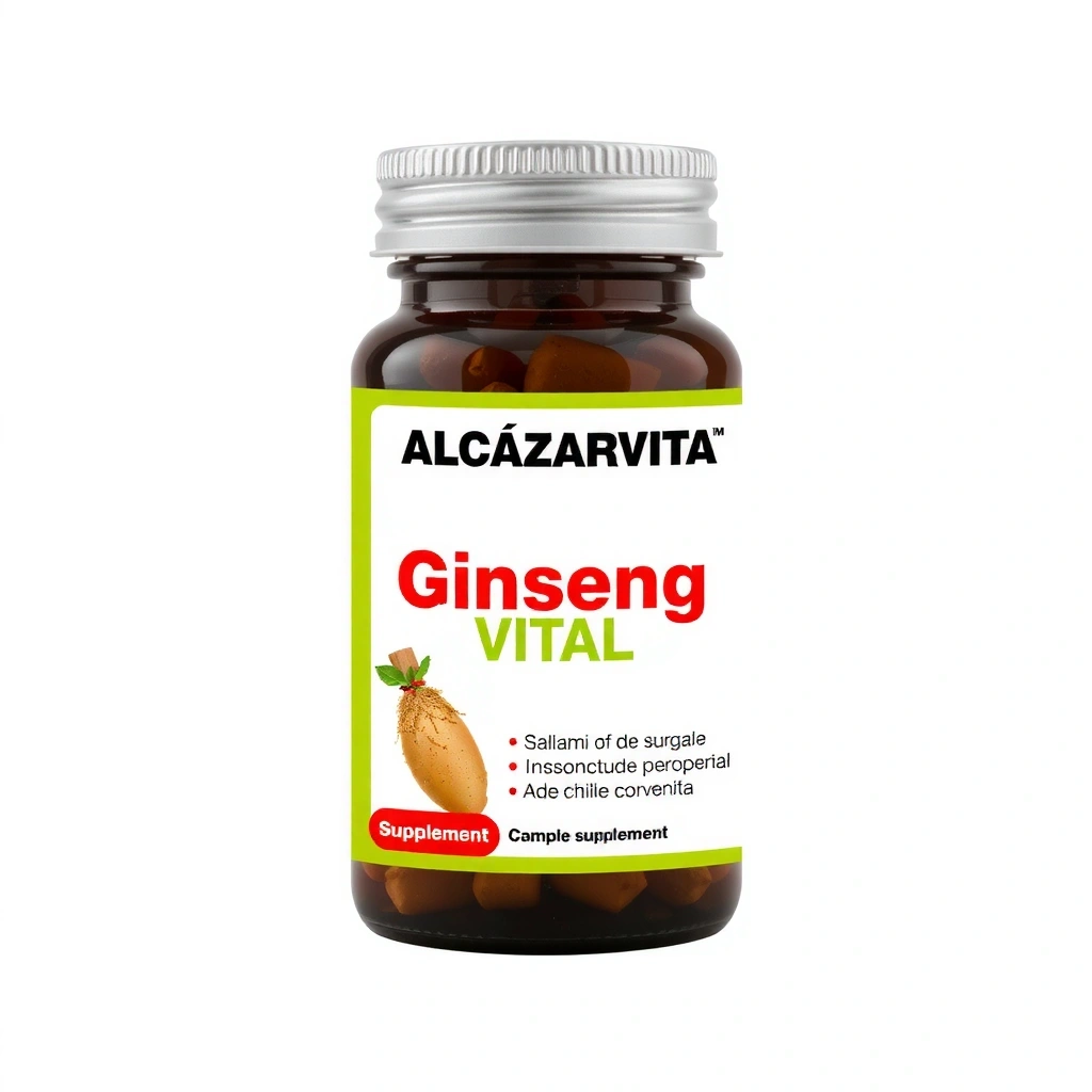 Bote de suplemento Alcazarvitacz Ginseng Vital con un diseño moderno y etiqueta clara.