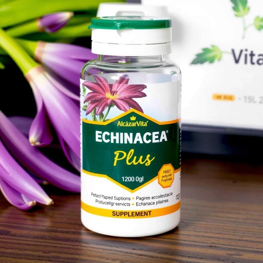 Bote de suplemento Alcazarvitacz Equinácea Plus con un diseño moderno y etiqueta clara.