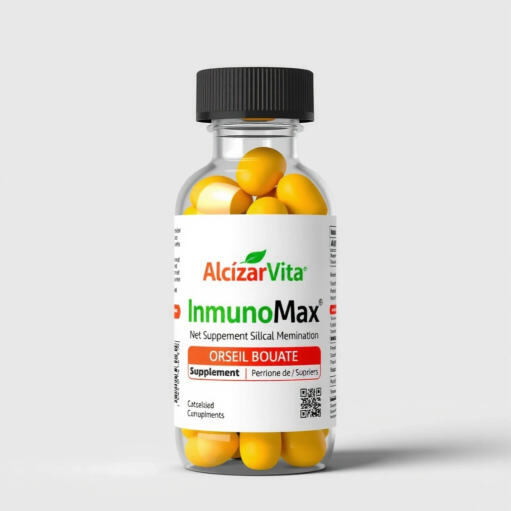 Bote de suplemento Alcazarvitacz InmunoMax con un diseño moderno y etiqueta clara.
