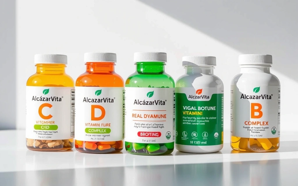 Variedad de vitaminas de Alcazarvitacz en envases elegantes
